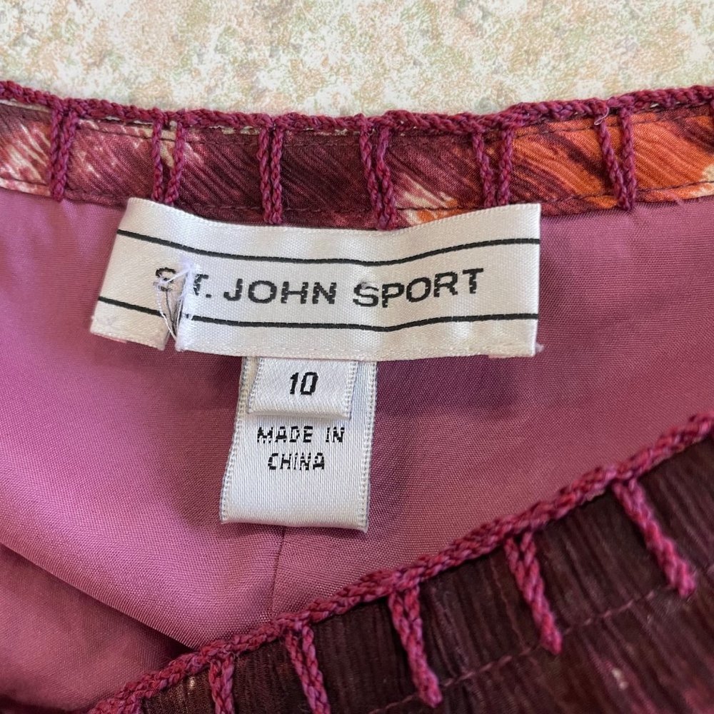 ST. JOHN SPORT Silk Skirt Women's 10 Burgundy Purple Abstract Ikat Print Midi - Picture 5 of 7